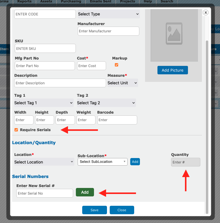 Add Item Popup - Add Serials