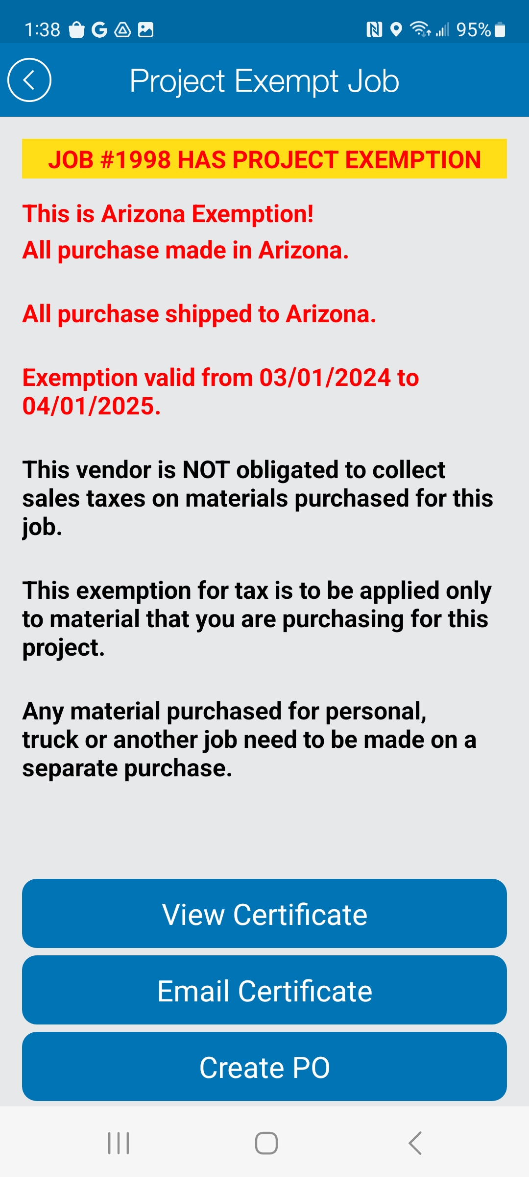Purchase Order - Project Exemption