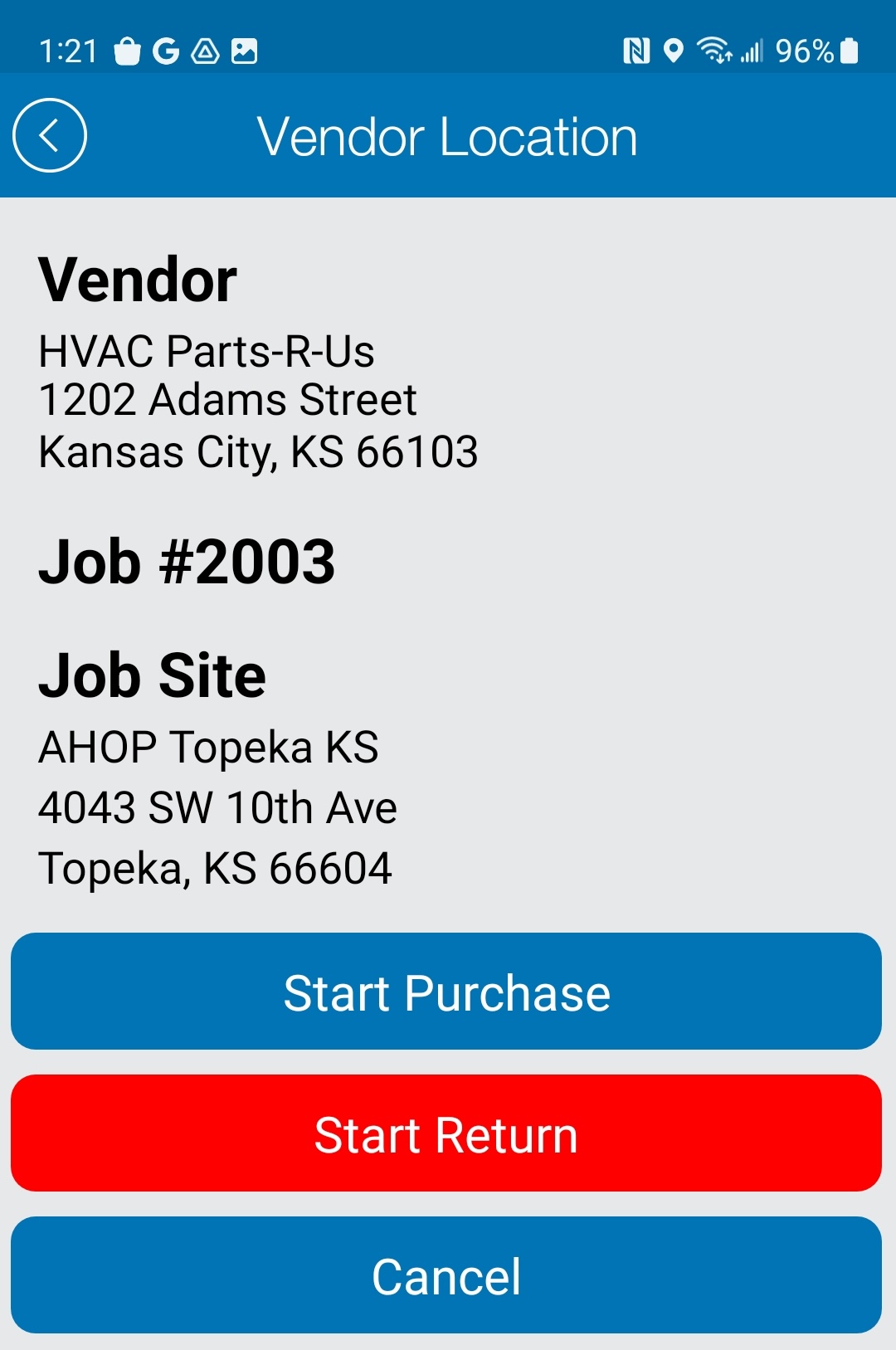 Purchase Order - Vendor Location