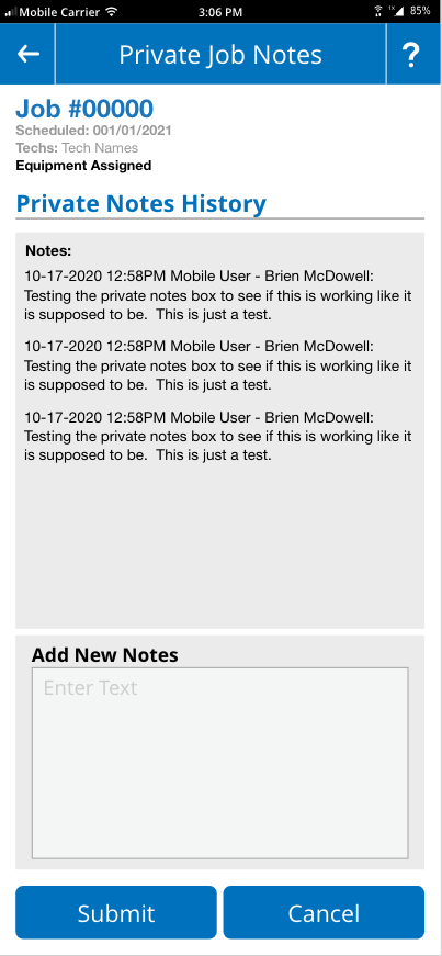 Work Order - Private Job Notes
