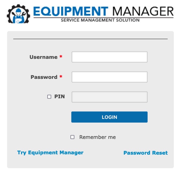 Equipment Manager Login Screen